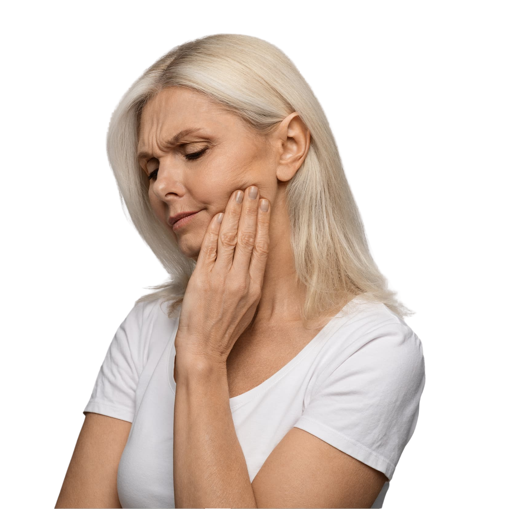 Woman experiencing jaw pain and TMJ symptoms touching her cheek